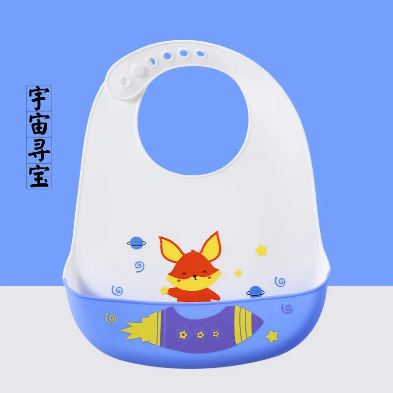 Cute Baby Bibs Waterproof Silicone Bib Infant Toddler Feeding Saliva Towel Cartoon Adjustable Children Apron with Pocket Scarf