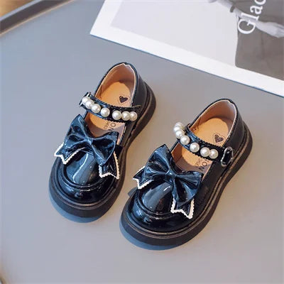 Girls Beige/black Round Toe Princess Shoes Pearl Bow, Girls Four Seasons Outdoor PU Princess Shoes, Size 26-36