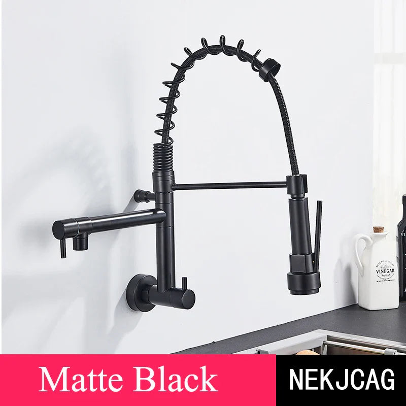 Wall Mounted Spring Kitchen Faucet Chrome Black Pull Down Sink Faucets Single Cold Water Dual Spouts Mixer 360 Rotation Crane