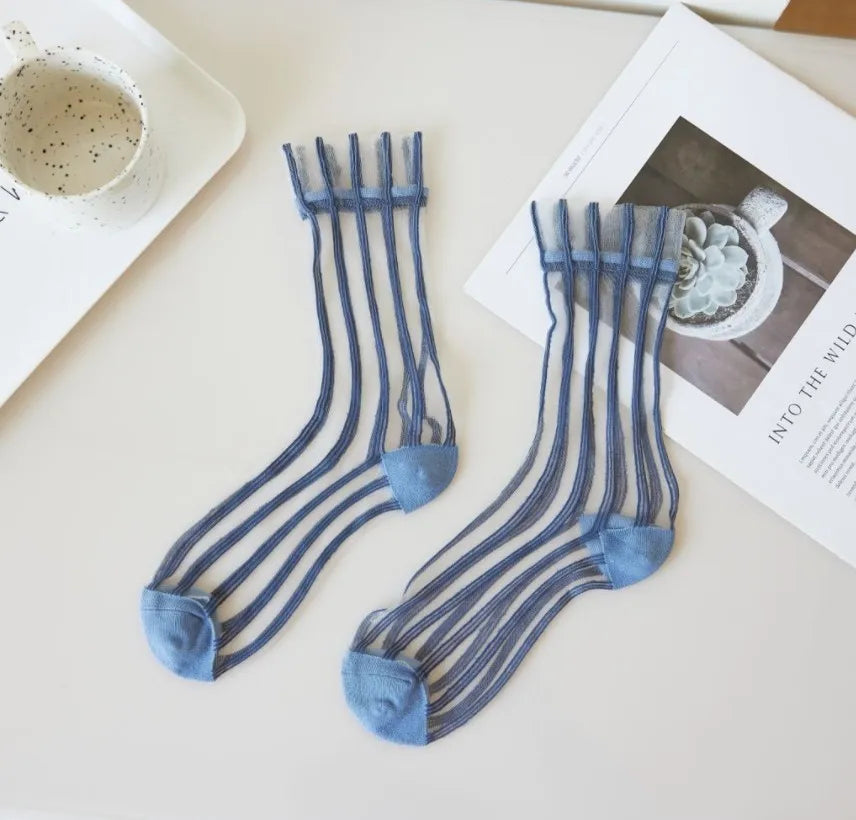 Transparent Crystal Silk Socks Women Fashion Ultra-thin Summer Harajuku Crew Socks Flower Streetwear Elastic Long Mesh Socks