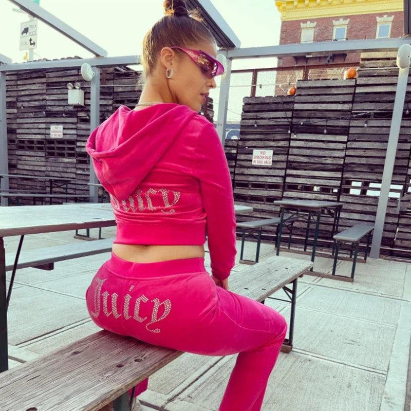Velour Juicy Sewing Suit Hoodies Velvet Zipper Sweatshirt and Pants Set Sportswear 2023 Women's Spring/Fall Tracksuit Crop Top