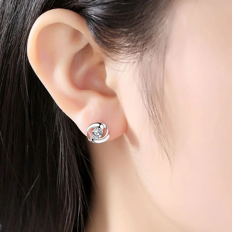 Genuine 925 Sterling Silver Woman's High Quality Fashion Jewelry Spiral Crystal Stud Earrings XY0227