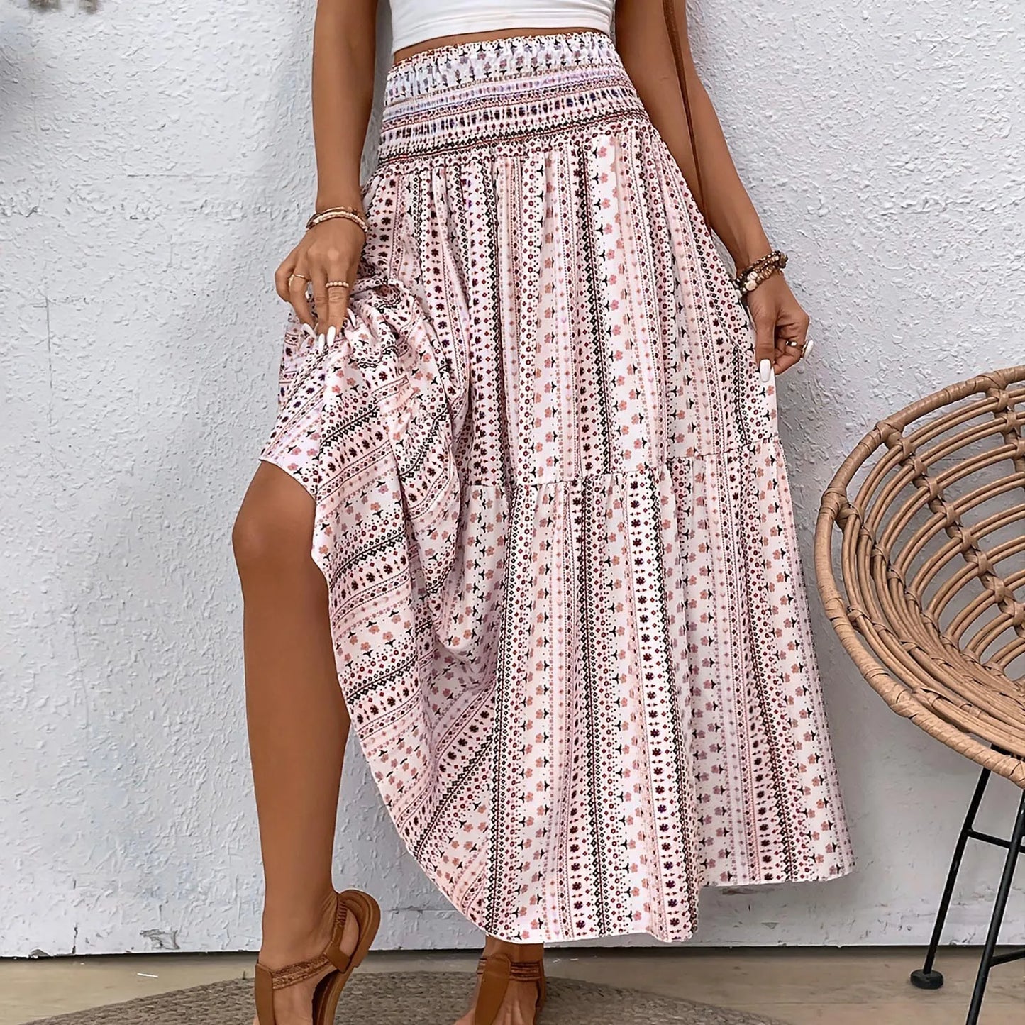Vintage Boho Skirts For Women Summer Elastic Waist A-Line Faldas Bohemian Printed Flowy Skirt Beachside Swing Maxi Long Skirts