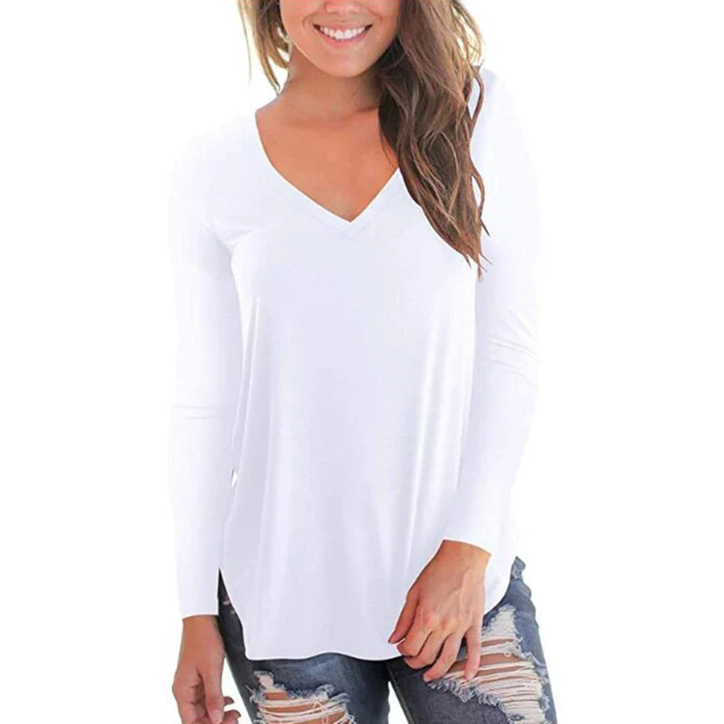 2023 autumn and winter women's clothes solid color primer new style V neck long sleeve women's T-shirt women in stock