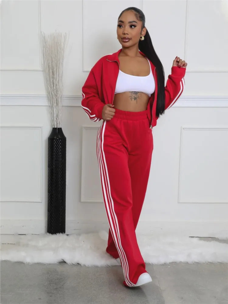 Fashion Splicing Striped Zipper Sports Suit Women'S Spring Autumn Thick Hoodie Casual Loose Wide Leg Trousers 2 Piece Set Female
