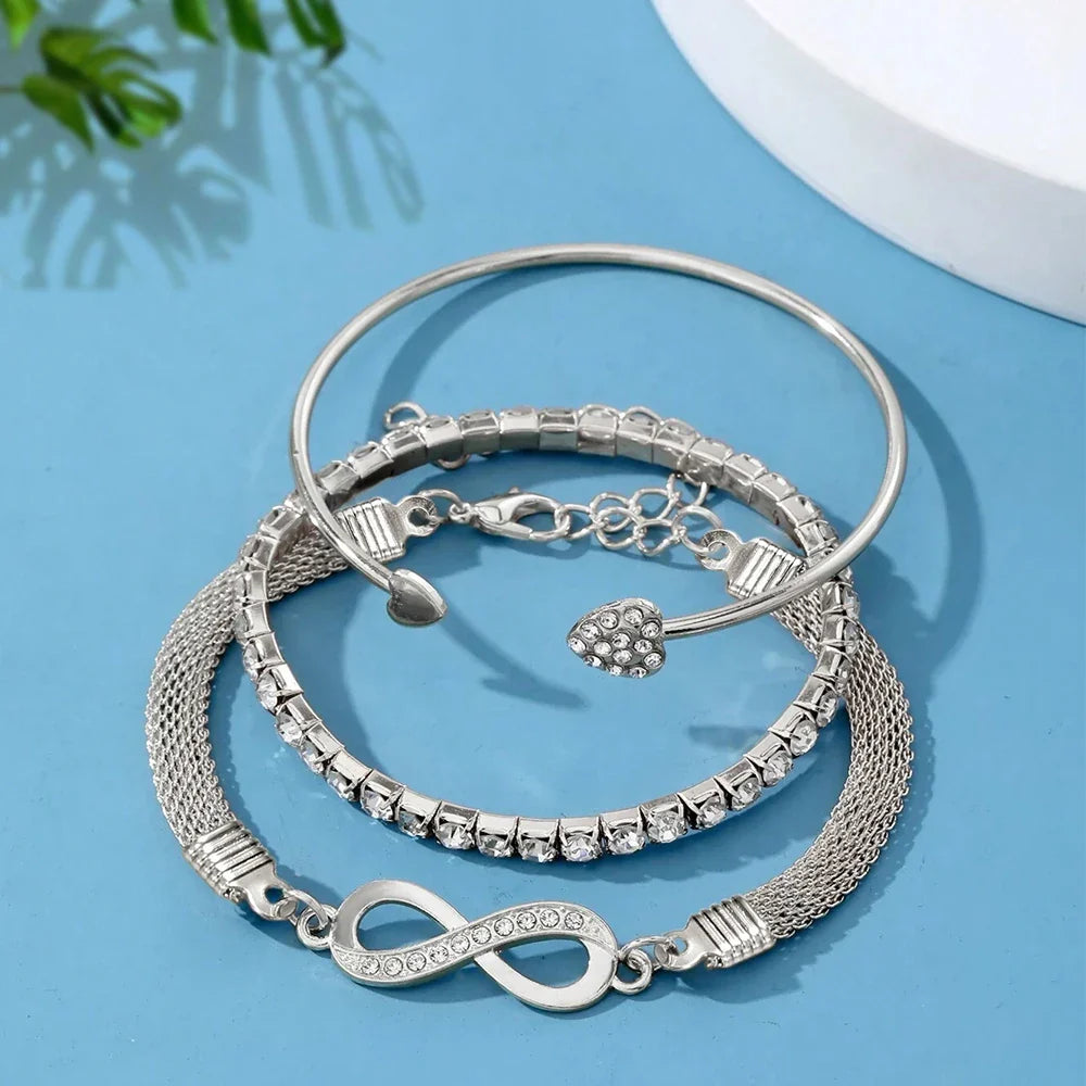 3 Piece Women's Bracelet Silver Retro Personality Fried Dough Twists Bracelet Imitation Gem Exaggerated Punk Bracelet Accessorie