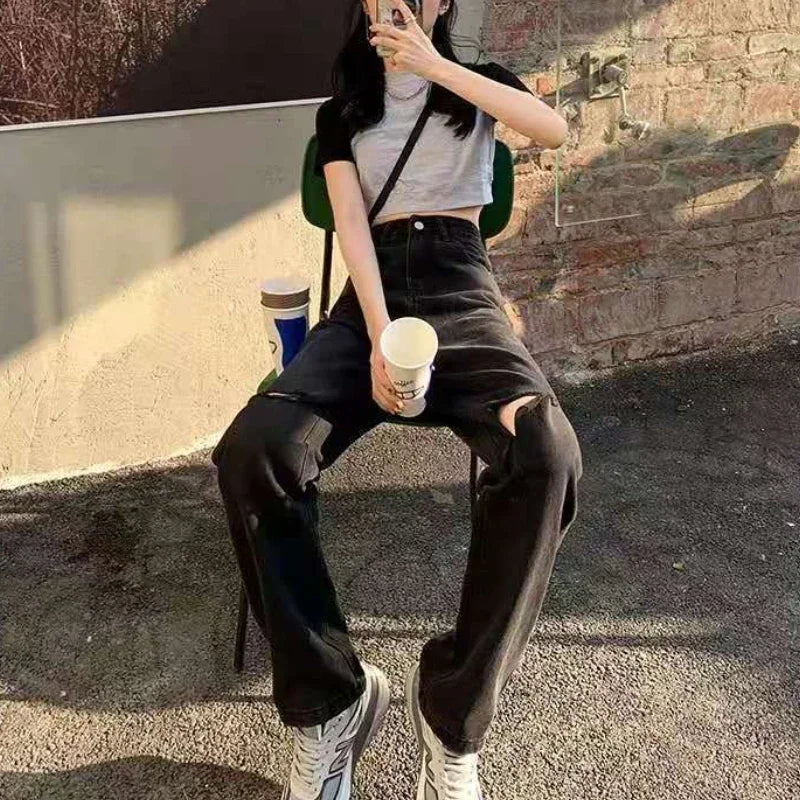 Women's Spring and Autumn 2023 New Loose Thin Drape Wide-leg Mopping Pants Black High-waist Ripped Straight-leg Classic Jeans