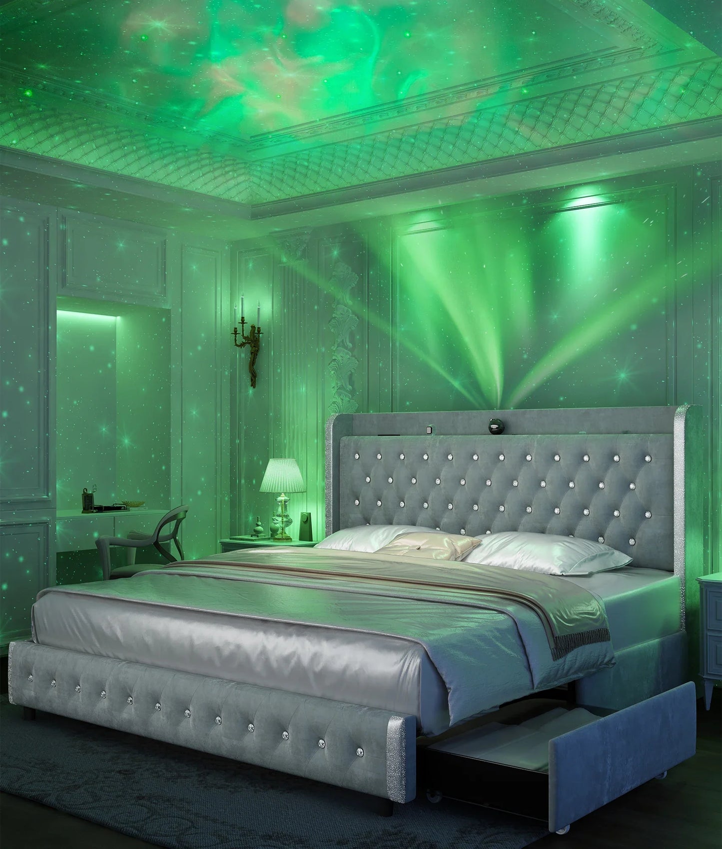 Queen LED Bed Frame with Galaxy Projector, Bluetooth Speaker, USB Ports, 4 Drawers, No Box Spring Needed.