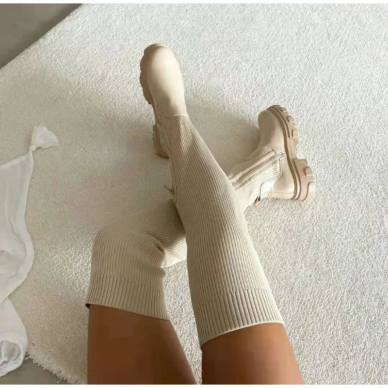 Women Thick Sole Boots, 2024 Autumn Winter Breathable Thigh High Shoes.