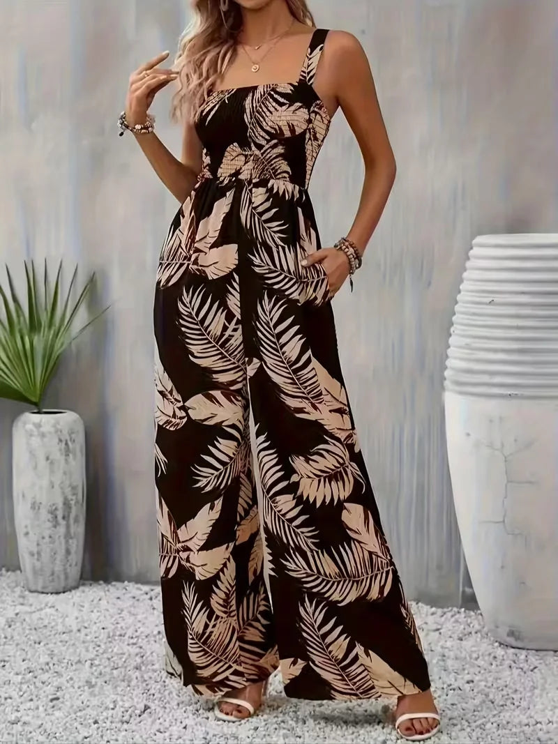 Women's summer elegant back hugging tropical printed overalls.