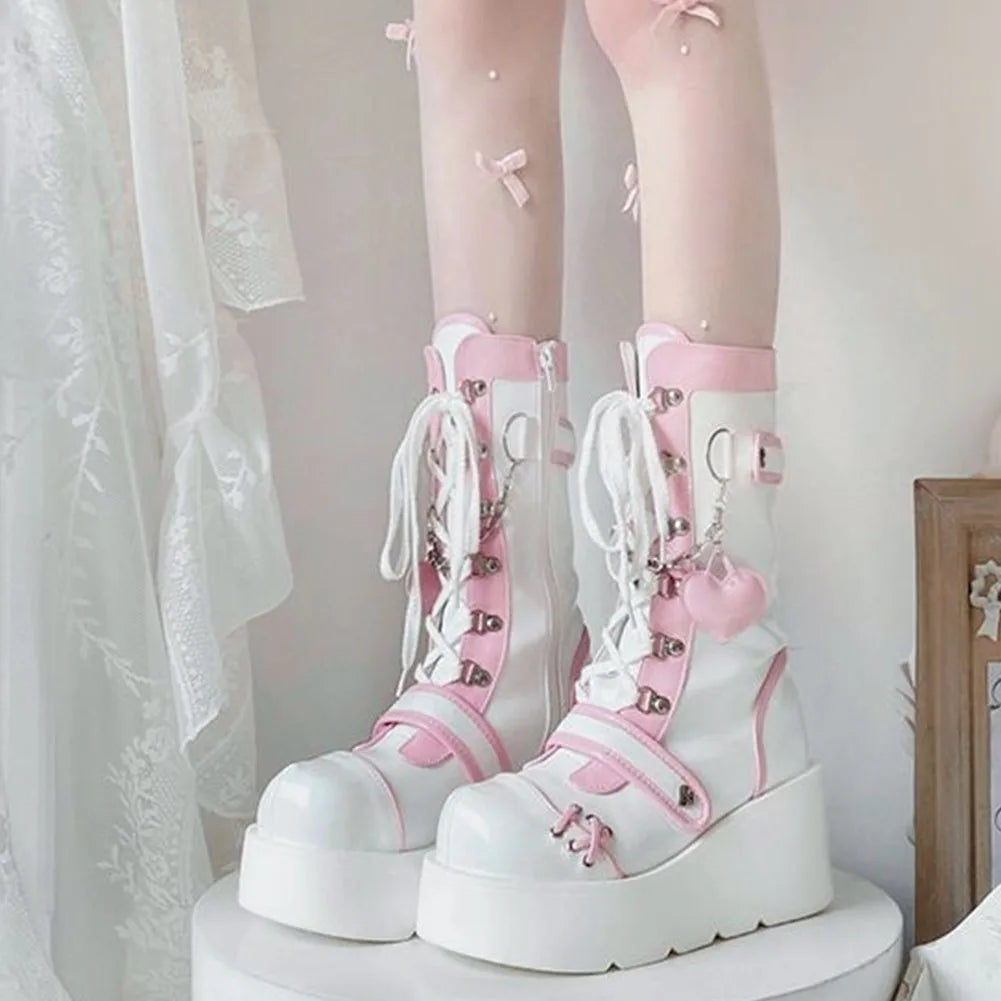 Brand New Ladies Goth Platform Ankle Boots Fashion Buckle Zip Rivet Punk Wedges High Heels Womens Boots Party Street Woman Shoes