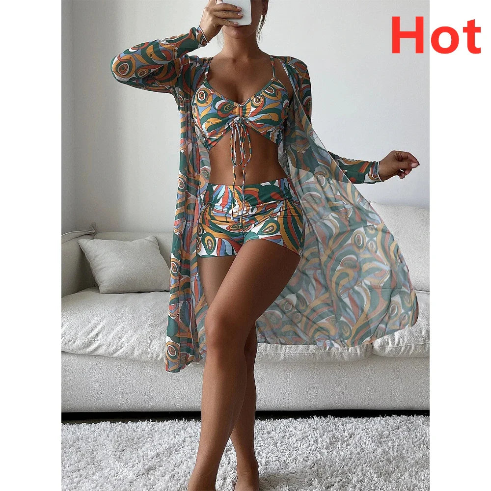 Three Pieces Bikini Set Cover Up Women New Push Up Twist Swimsuit Print Long Sleeve Swimwear Biquini Bathing Suit Summer