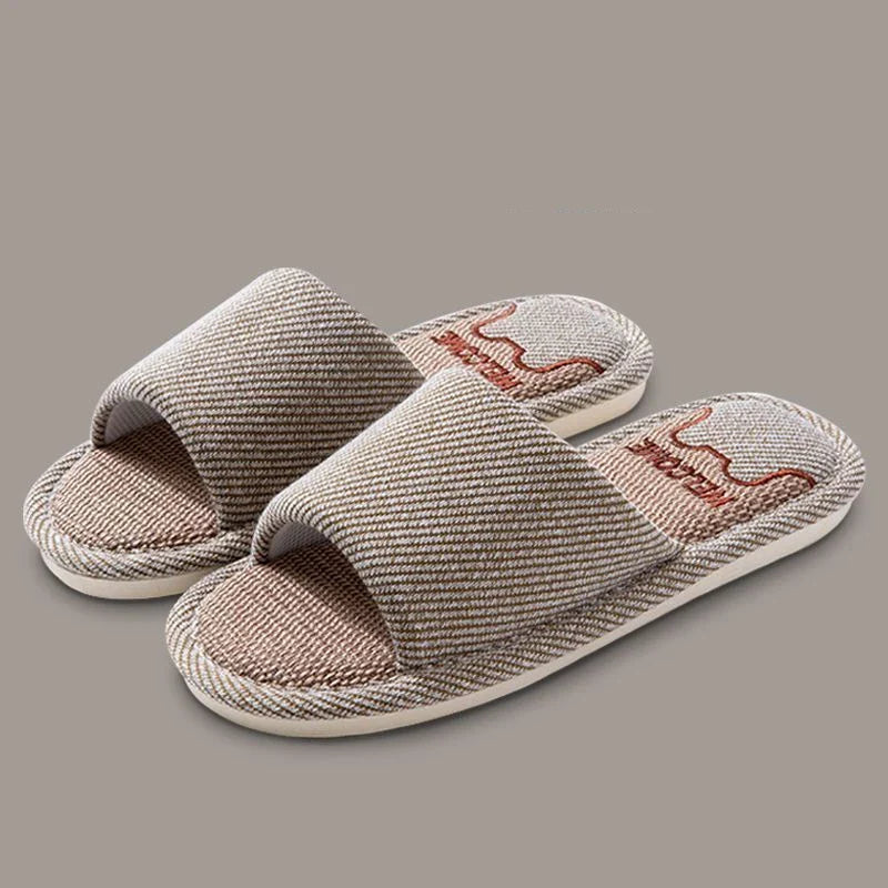 Women Linen Slippers Four Seasons Women Indoor Sandals Adults Cartoon Slides Couples Open toed Breathable Home Shoes