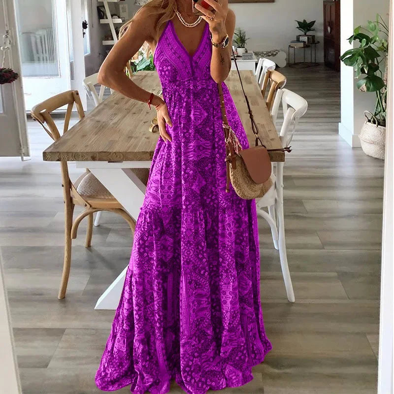 2024 Women's Summer Boho Long Dresses Elegant V Neck Party Dresses Vintage Printed Sleeveless Sexy Slim Maxi Beach Dress Mujer