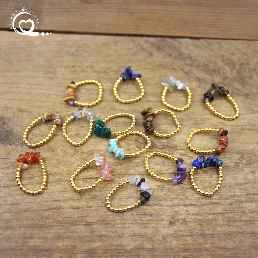 Healing Crystal Chip Stackable Rings Golds Brass Round Beads Natural Stone Gravel Stretchy Ring Fashion Women Jewelry,QC4218