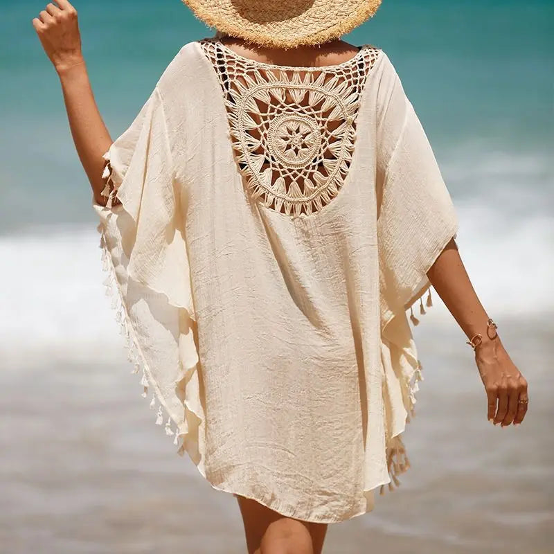 Women Casual Bohemian Holiday Outfits Beachwear Bikini Cover Up Summer Solid Color Hollow Out Beach Dress