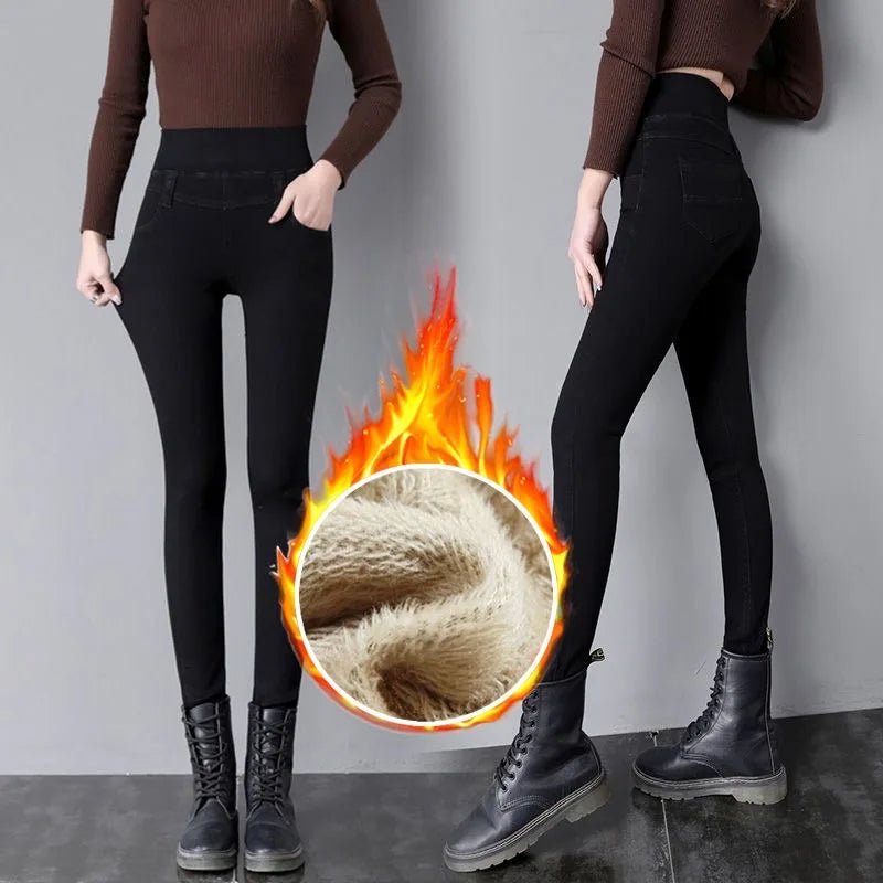High Waist Skinny Pencil Jeans Mom Fall Winter Thicken Warm Denim Pants Casual Velvet Lined Vaqueros Big Size 38 Stretch Trouser