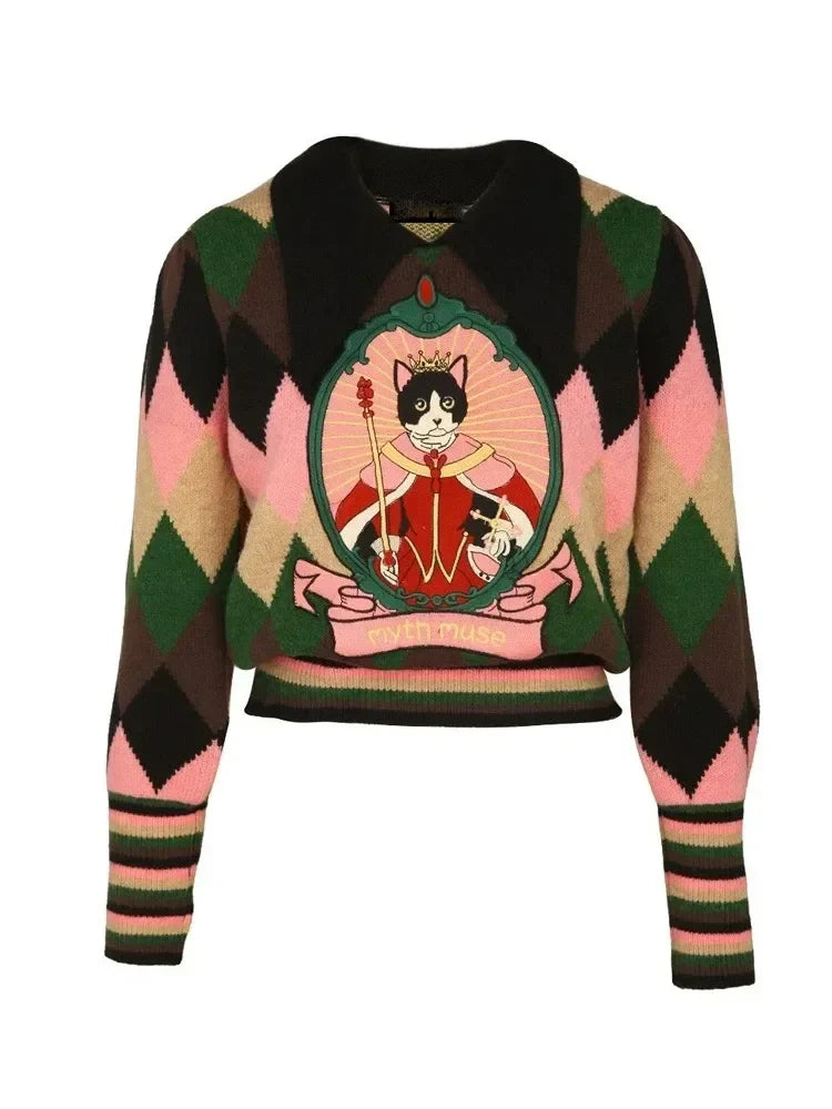 Rainbow Color Loose Knit Sweater For Women Pullover Tops 2023 Autumn Winter Long Sleeve Turn-down Collar Fashion Stylish Jumpers