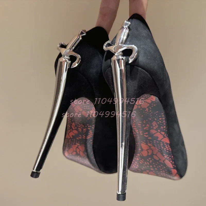 Gold Sword Shaped Pointed Stiletto Sandals Women Metal Decor Patent Leather High Heels Luxury Fashion One Strap Party Prom Shoes