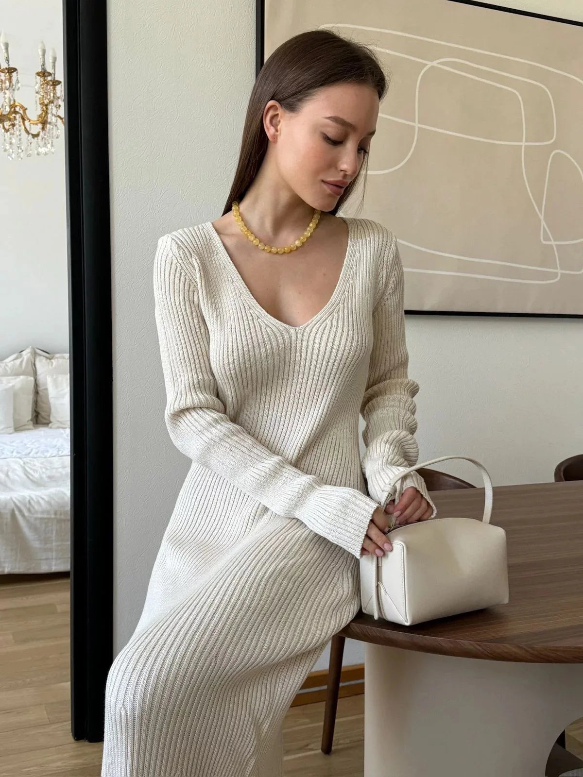 Solid Knitted Ribbed Long Dress Women Slim V-neck Long Sleeve Elegant Female Dresses 2024 Autumn Lady Casual High Street Robes