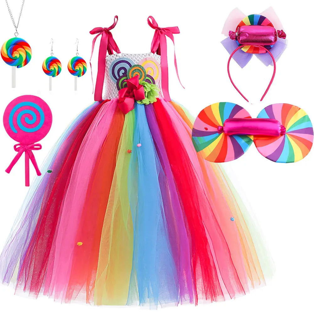 Delicate Princess Lollipop Fairy Costume Girls Halloween Candy Role Play Dress up Kid Carnival Purim Party Cute Vestidos Rainbow