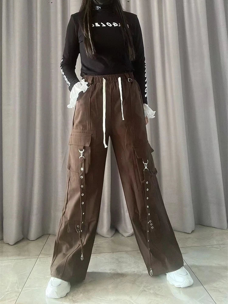 Women's Red Baggy Cargo Pants Vintage Y2k Harajuku Aesthetic Streetwear Oversize Pants High Waist Wide Trousers 2000s Clothes
