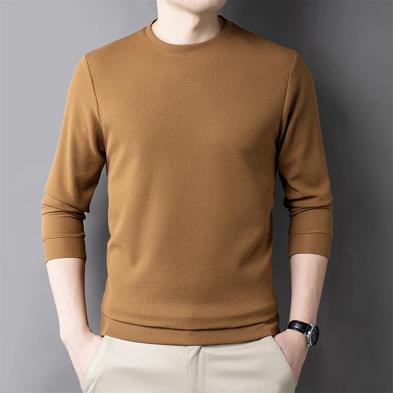 Men Casual Waffle Round Neck T-shirt Breathable, Comfortable, and Fashionable Long Sleeved T-shirt.