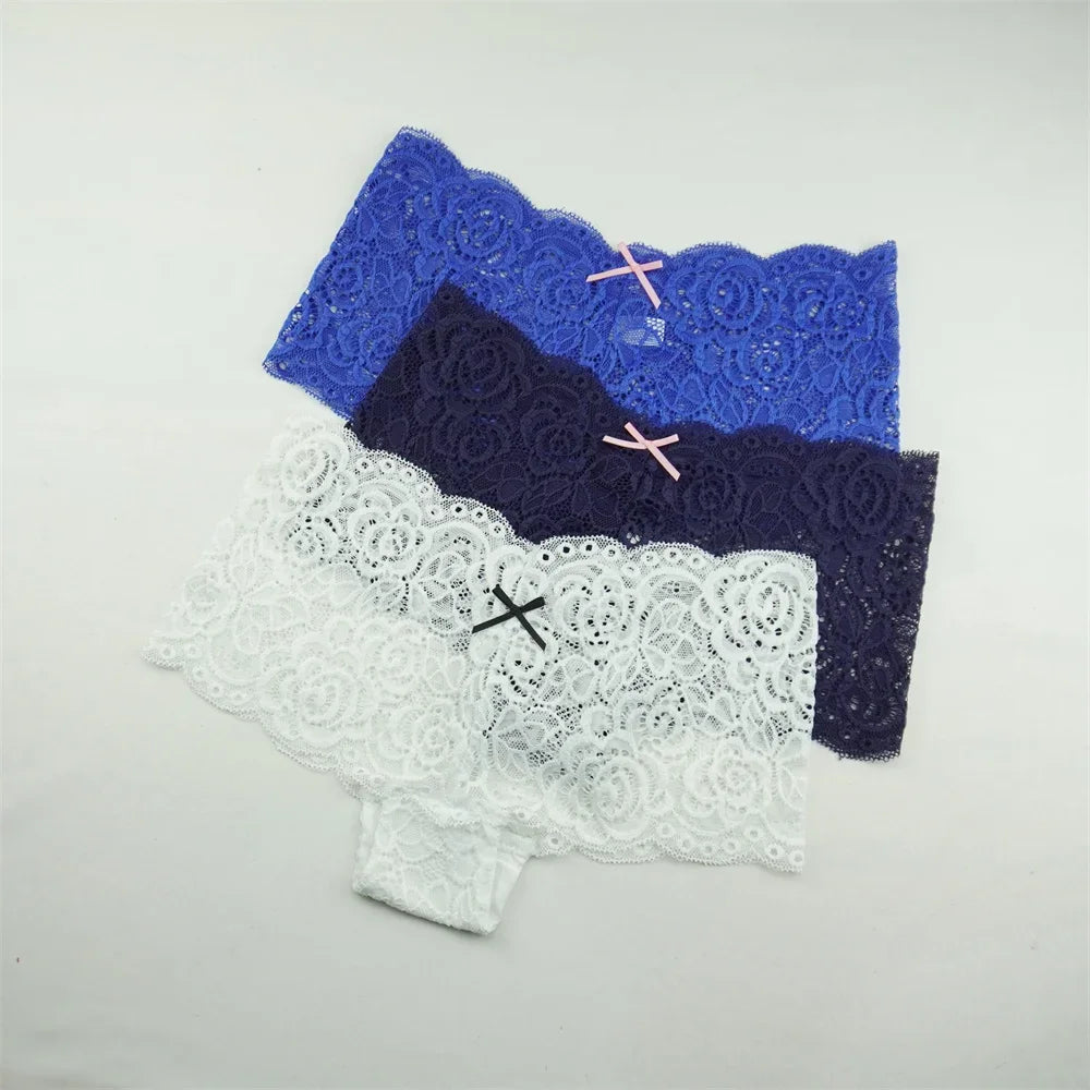 3PCS Transparent Boyshorts Women Underwear Lace Boxers Ladies Plus Size M-XXL Hollow Out Floral Panties Femme Intimates