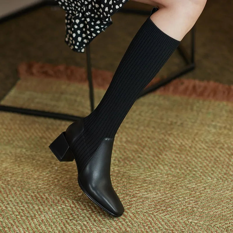 Comemore Sock Boots Women 2024 Winter Knee High Knitting Warm High Boot High Heels Weave Casual
