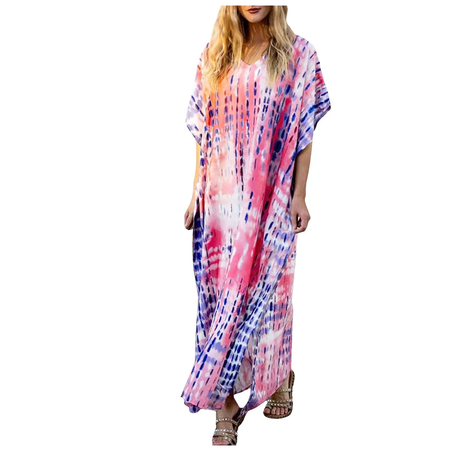 Womens Plus Size Kaftans Casual V Neck Puff Sleeve Boho Loose Floral Long Soft Beach Maxi Summer Swing Party Dresses For Women