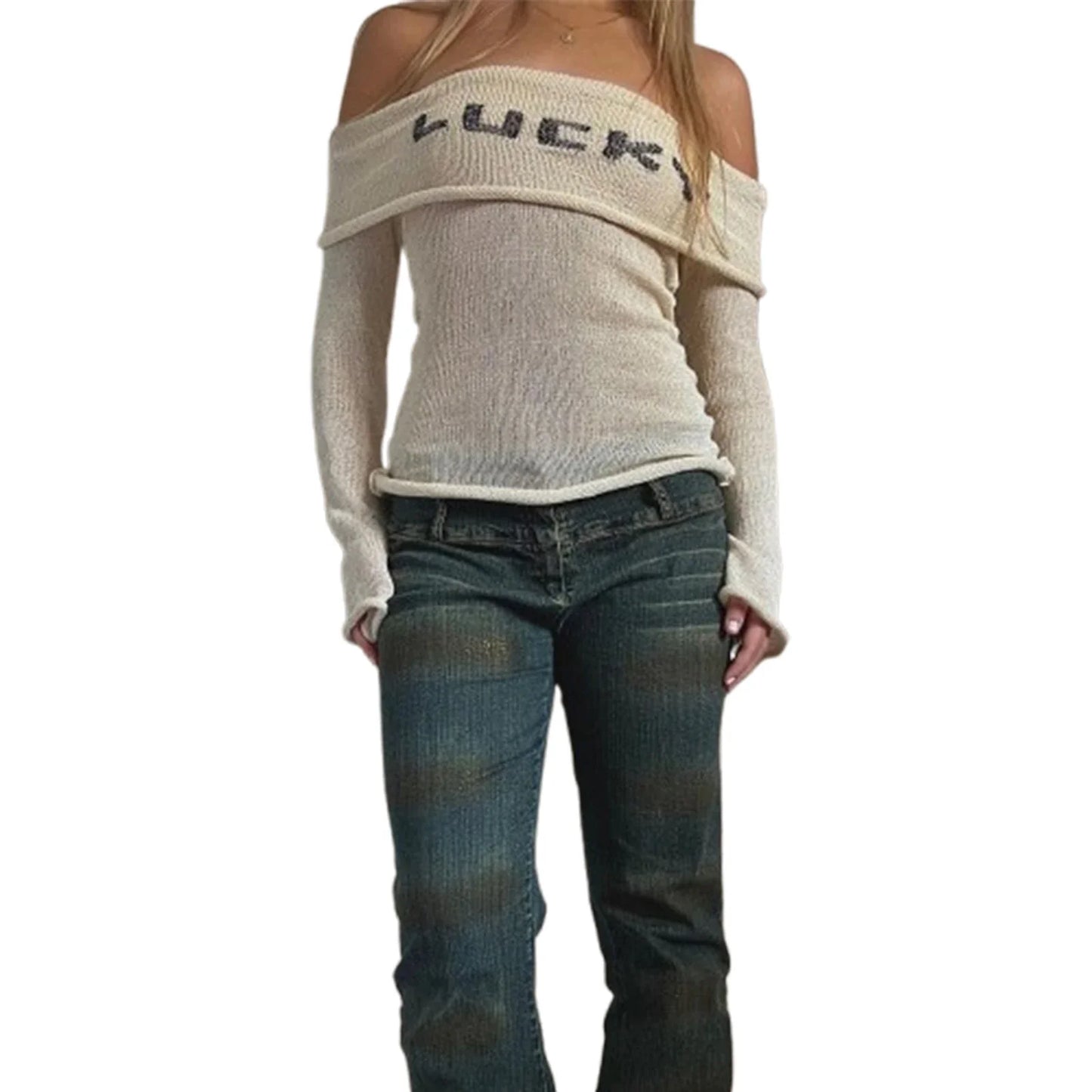 Women s Off Shoulder Sweaters Chest Folding Boat Neck Long Sleeve  Fit Casual Knitted Tops