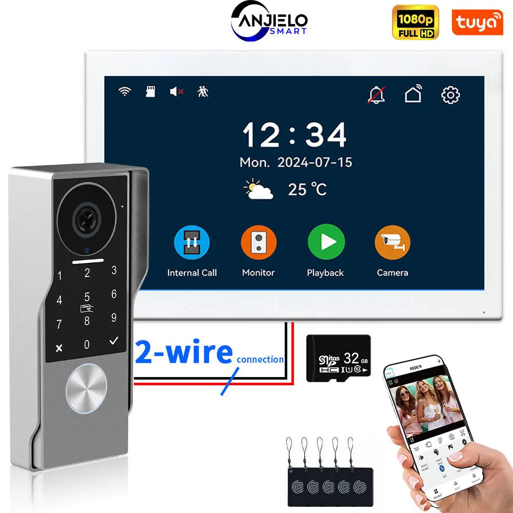 ANJIELO 2-Wire Video Door Phone with TUYA App IC Card PIN Unlock 24 IP Camera Support Smart Video Intercom System for Home 1080P