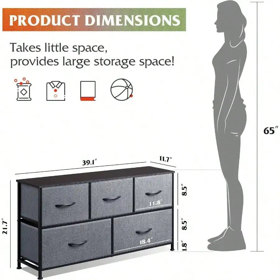 5-Drawer Fabric Dresser – Wide Storage Organizer with Bins for Bedroom.
