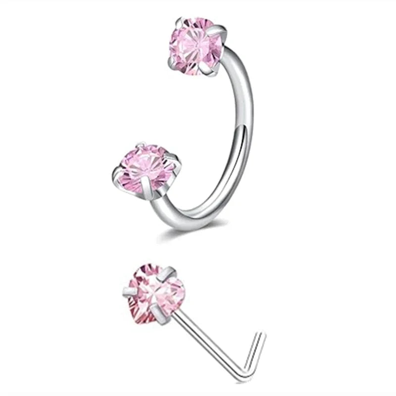 6/2pcs Horseshoe Nose Rings With L-Shape Nose Stud, Stainless Steel Rianbow CZ Nose Ring,, Lip Eyebrow Helix Ear Piercing