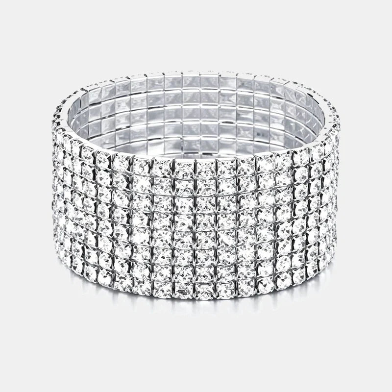 Classic Multiple Shining Rhinestone Crystal Stretch For Women Girls Bridal Wedding Wristband Elastic Bracelet Gold Silver Color