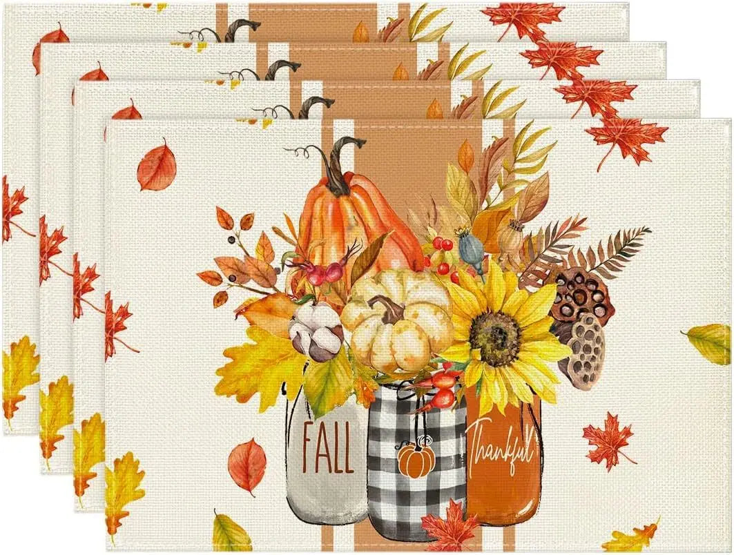 4PCS Thanksgiving Day Table Placemats 30*45cm Linen Autumn Pumpkin Maple Leaf Printed Dining Table Mat Festive Table Decoration