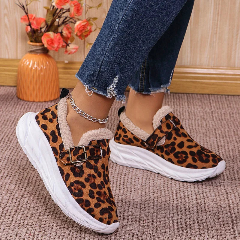 Fashion Leopard Print Wedges Sneakers Women's Faux Wool Lined Thick Sole Sport Shoes Winter New Shallow Running Shoes Mujer