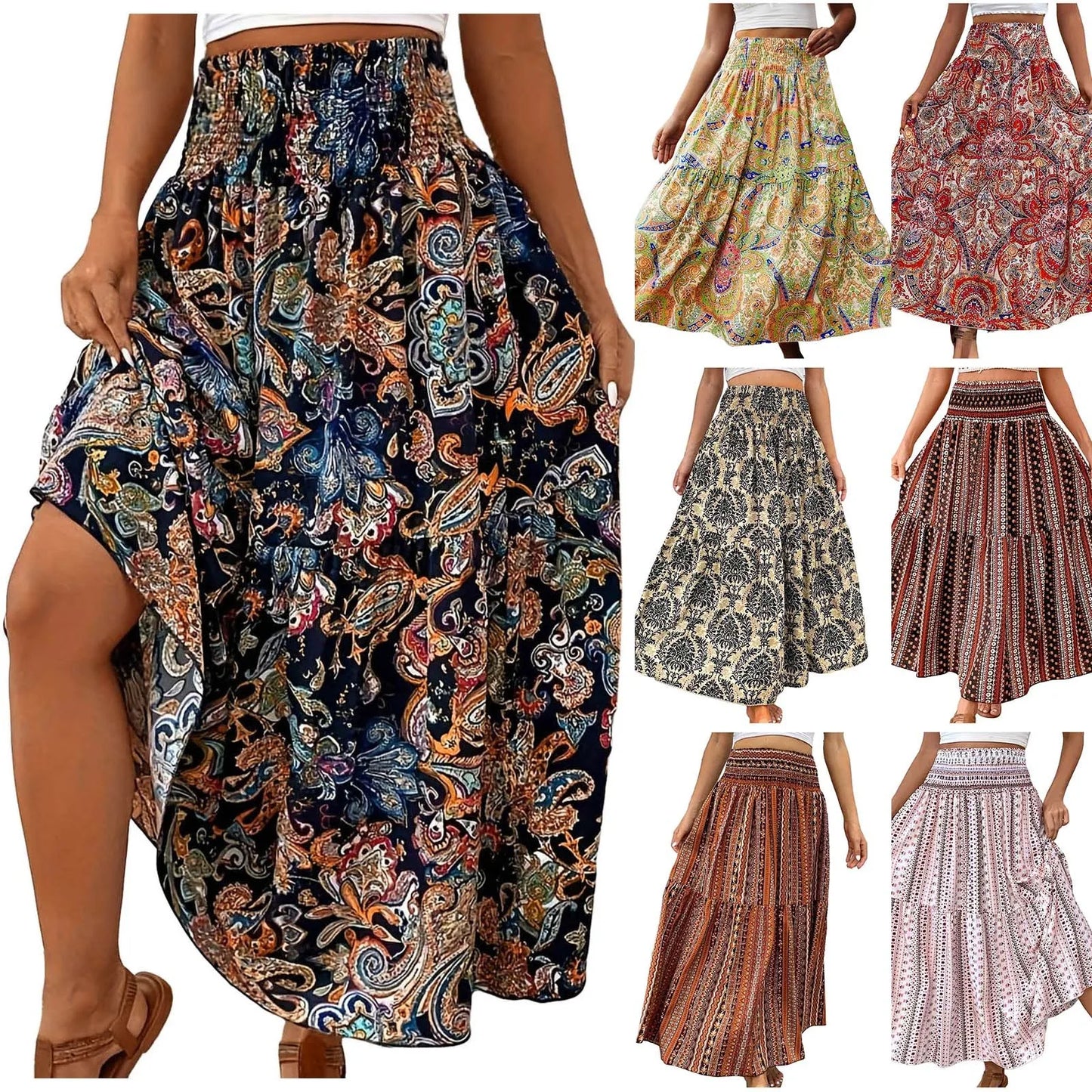 Vintage Boho Skirts For Women Summer Elastic Waist A-Line Faldas Bohemian Printed Flowy Skirt Beachside Swing Maxi Long Skirts