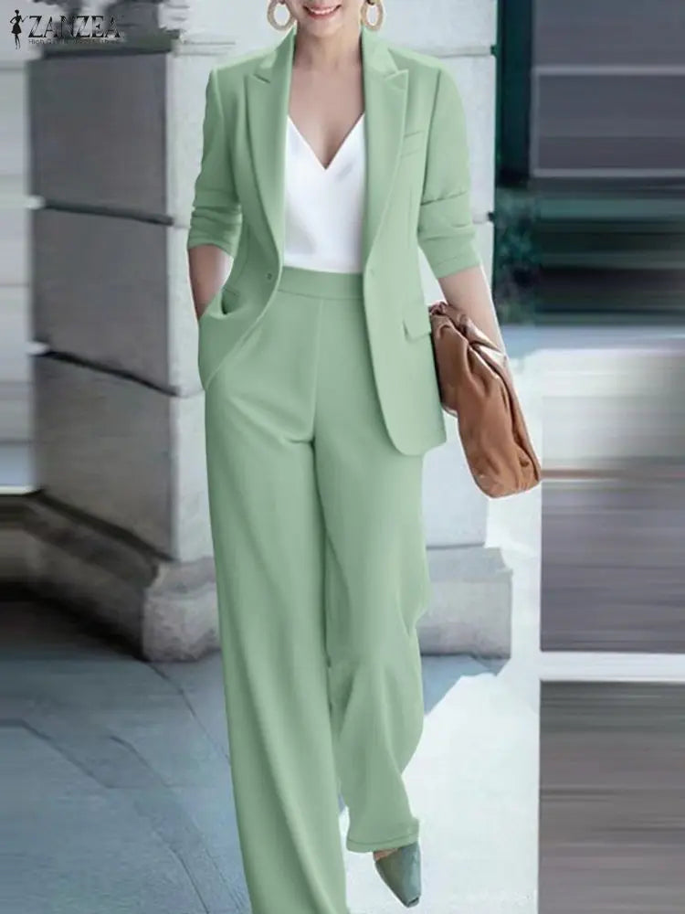 ZANZEA 2026 Spring Outfits Office Women 2 Piece Sets Stylish Lapel Long Sleeve Blazer Coats Pant Sets Elegant OL Work Tracksuit