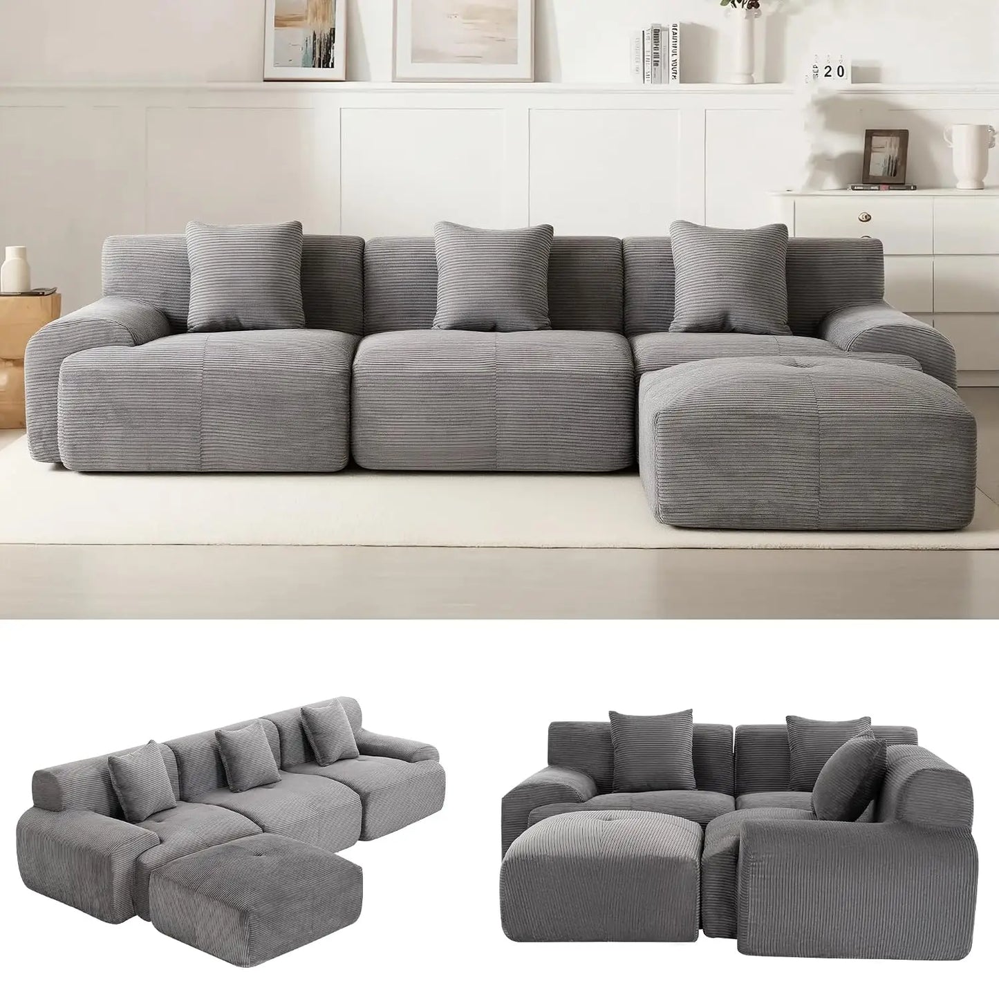107" Cloud Modular Sectional Couch,Boneless Sofa with Ottman,L-Shape Upholstered Sofas with Deep Seat,Modern Cozy, Custom