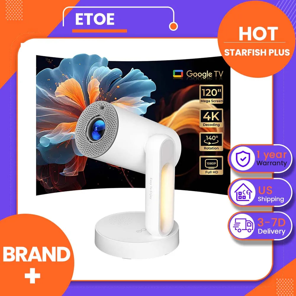 ETOE Starfish Plus TV Projector, Smart Projector with 4K Decoding, 120" Large Screen, 140° Rotation, Auto Keystone Correction, Voice Control, AirPlay, Chromecast, 5G WiFi, Bluetooth 5.0, Touch Night Light