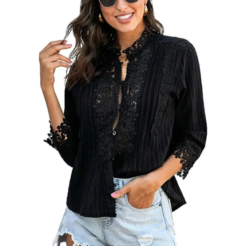 TEELYNN Loose 3/4 sleeve lace blouses shirt women vintage cotton Button v neck causal boho blusa 2020 autumn blouse femme top