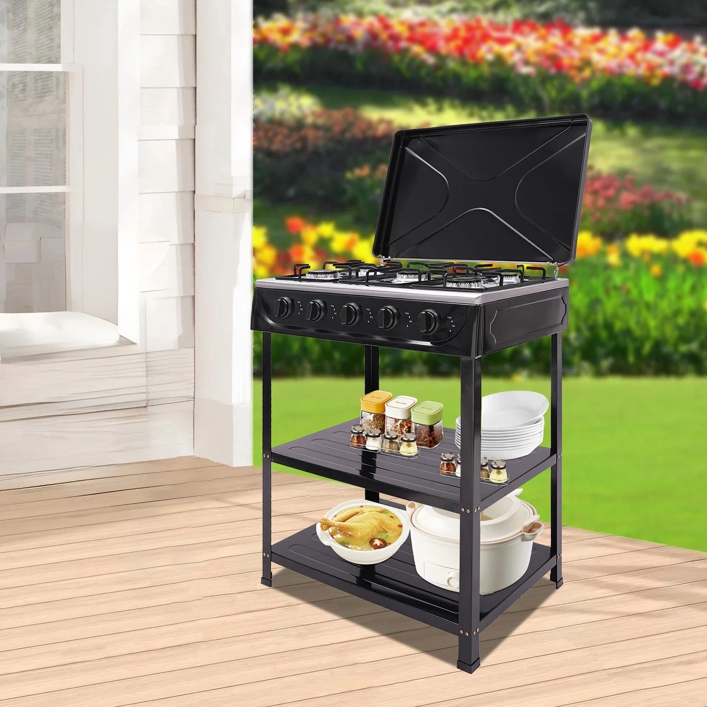 Rectangular Natural Gas Stove, 82cm/32.28in Portable Natural Gas Stove W|5 Burners for Outdoor Camping, Fishing,RV Travel(Black)