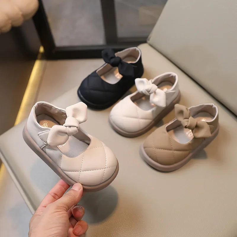 Children Leather Shoes for Girls  Shallow Bow Solid Color