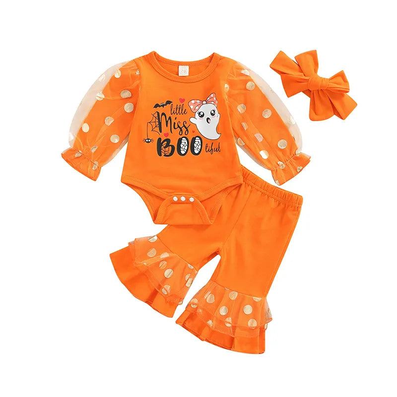 Newborn Baby Girl Halloween Outfit Mesh Puff Sleeve Romper Ruffles Bell Bottom Pants Set with Headband Clothes