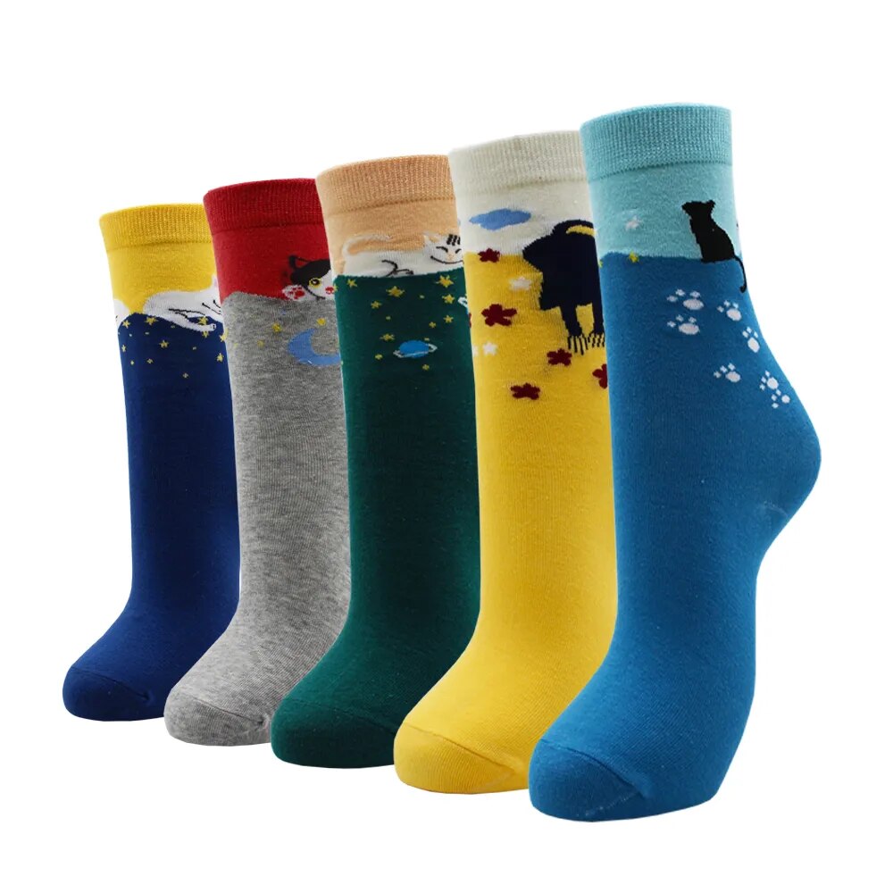 5 Pairs Fashion Colorful Kawaii Cute Cartoon Cotton Women Socks Harajuku Korean Halloween Cat Dog Owl Duck Fox Girl Socks