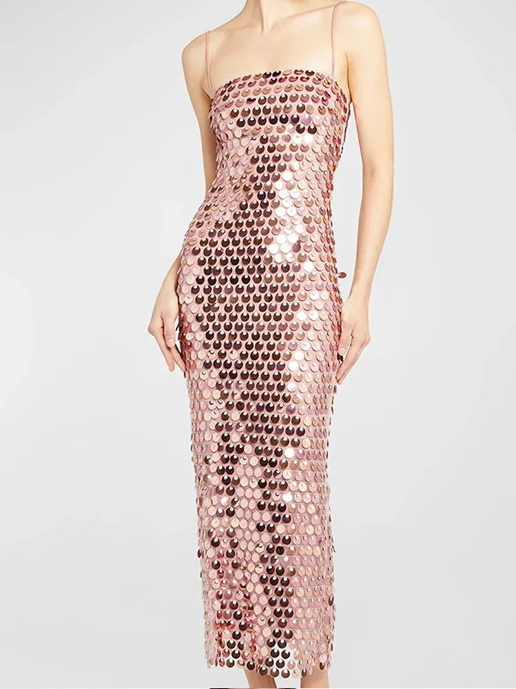 Sequined Tube Top Strap Dress Women Sexy Sleeveless Slim Solid Straight Long Vestidos Fashion Backless Slip Split Evening Robe