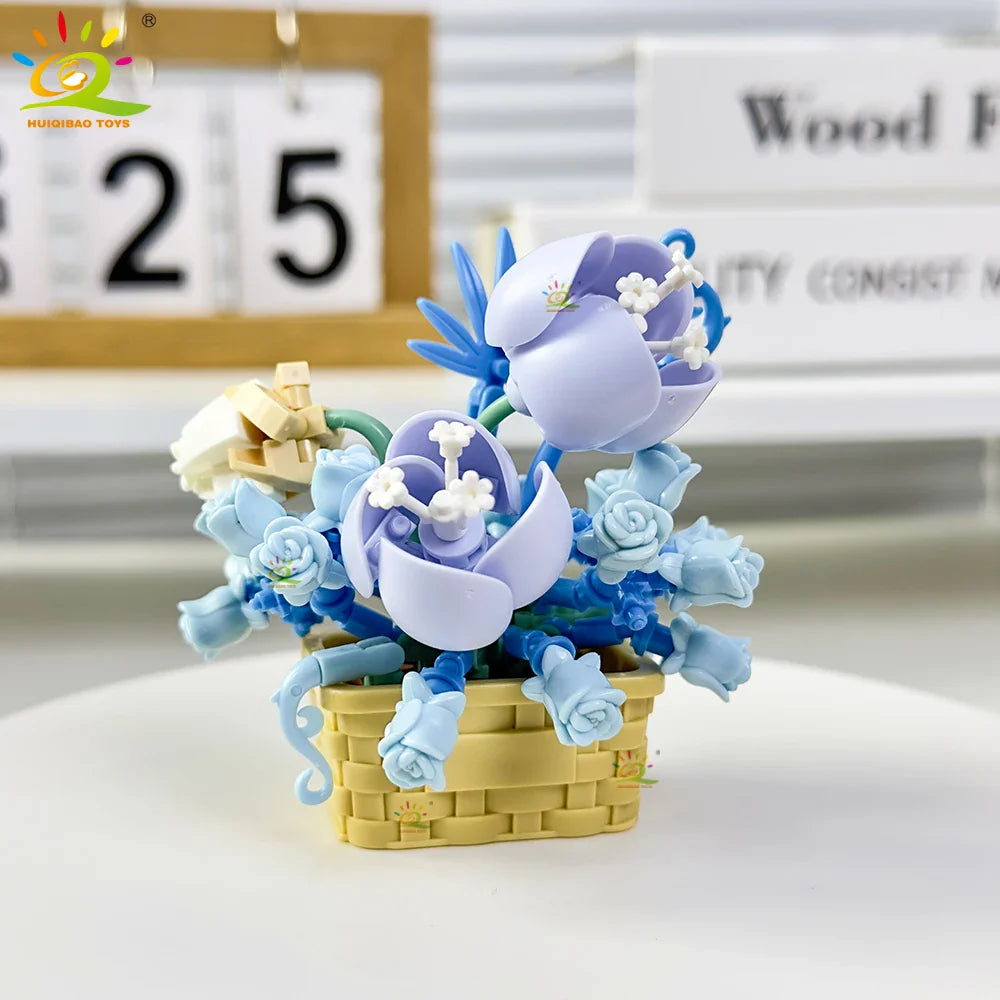 HUIQIBAO Eternal Flower Model Bouquet Potted Plant Micro Building Blocks MOC DIY Home Desk Decoration Brick Toy For Children