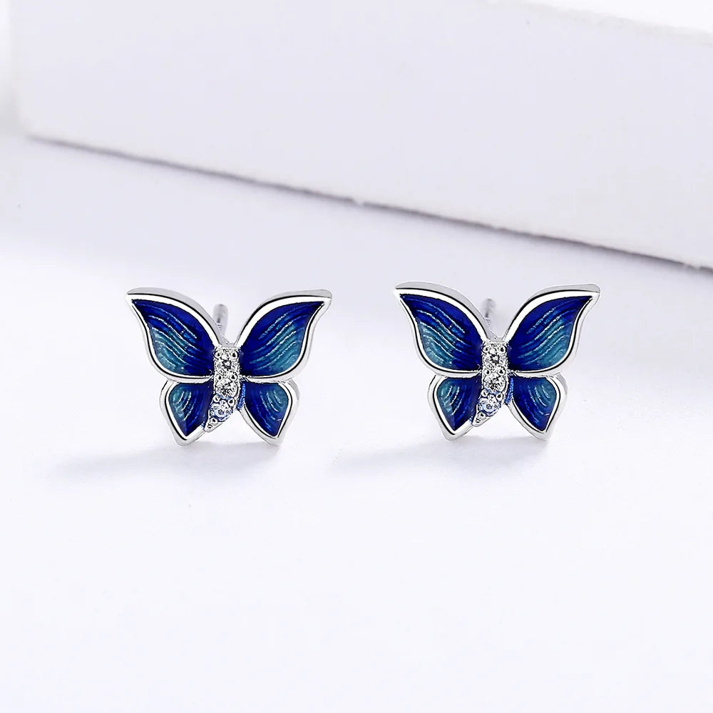 925 Sterling Silver Creative Micro-Enamel Blue Butterfly Wings Necklace Three-piece Jewelry Women's Suit Party Birthday Gift