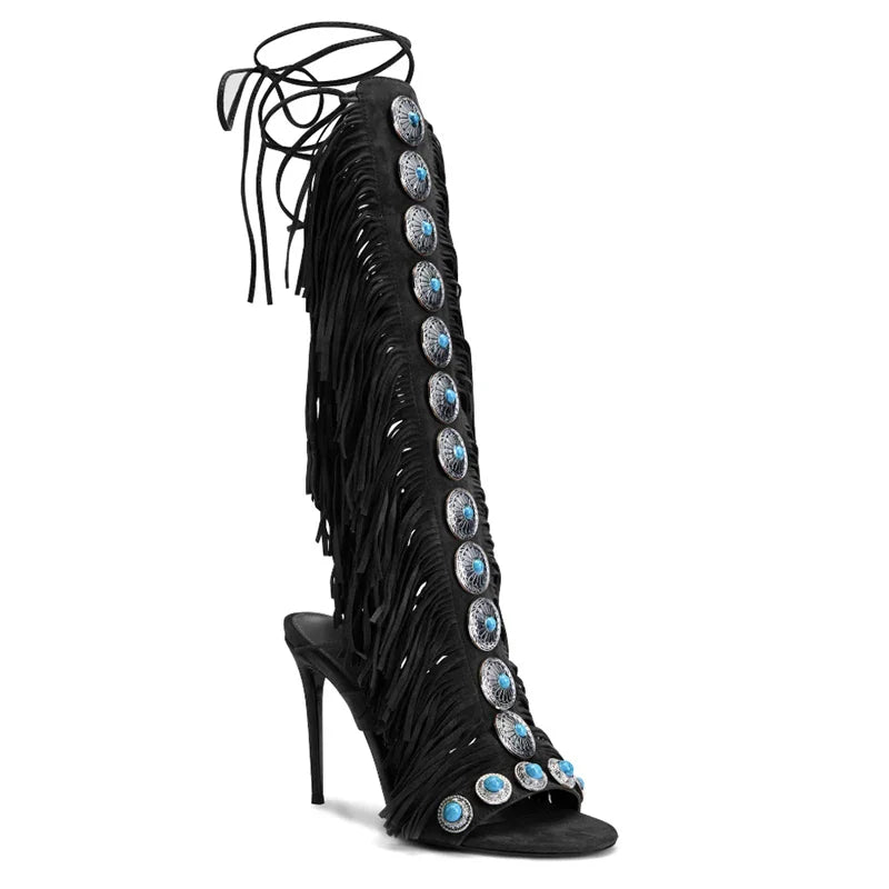 Real cow suede leather  tassels women sandals peep toe jewel lace up 10cm high heels